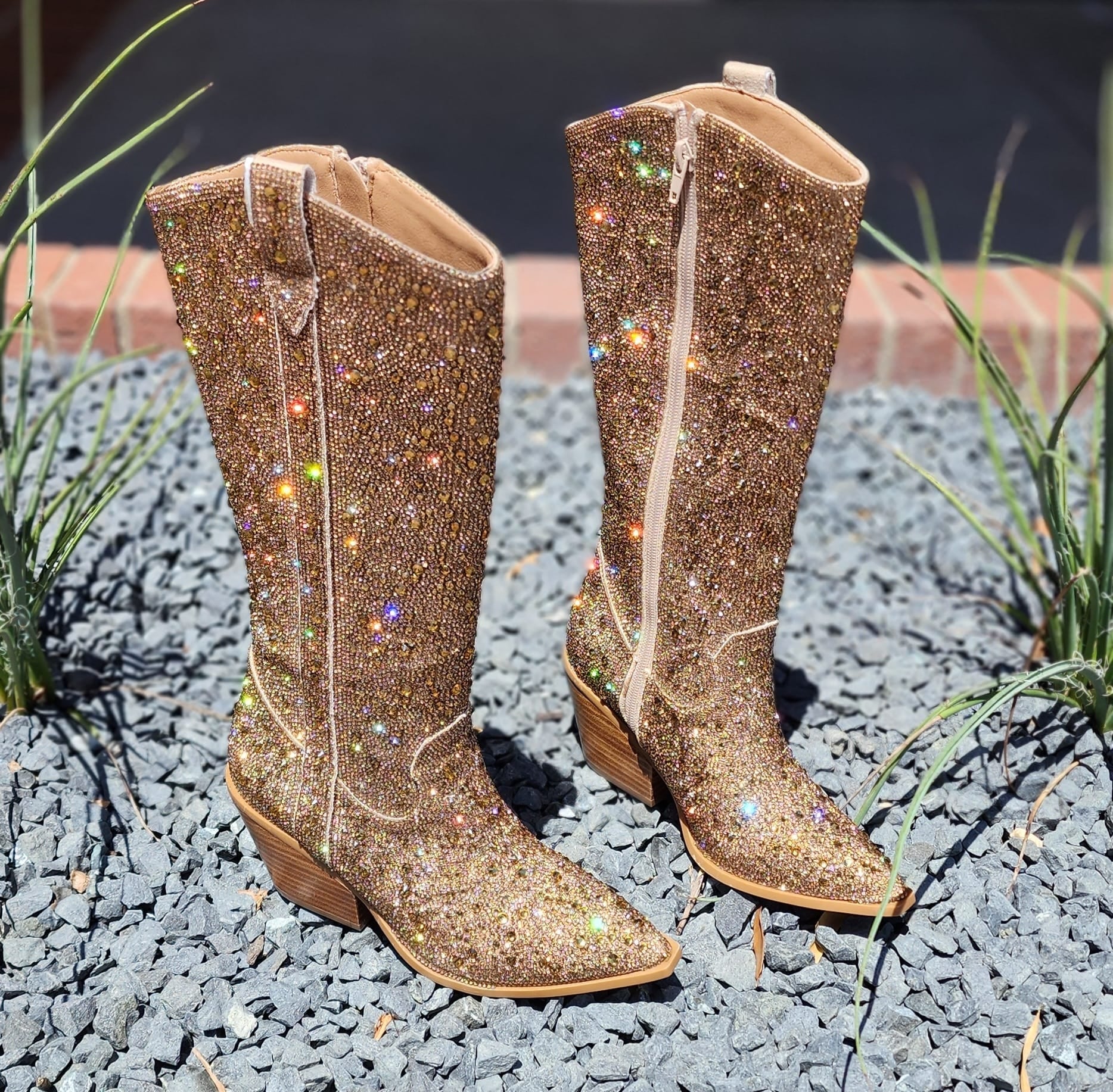 Hey Girl Glitzy Gold Rhinestone Boot The Perky Peacock